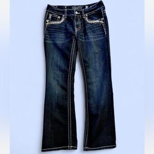 Miss Me Dark Blue Boot Cut Jeans with Unique Silver Metal and Rhinestone Accents